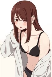 1girl black_bra black_panties bra breasts brown_hair collarbone highres kapatarou long_hair looking_at_viewer navel open_clothes open_mouth open_shirt original panties shirt simple_background small_breasts solo underwear white_background white_shirt