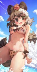 1girl absurdres animal_ears animal_print bikini black_hair blush breasts brown_hair cameltoe cloud extra_ears front-tie_bikini_top front-tie_top gluteal_fold grey_hair groin highres hyena_ears hyena_girl hyena_tail kemono_friends large_breasts long_hair looking_at_viewer melaton multicolored_hair navel ocean partially_submerged side-tie_bikini_bottom smile solo spotted_hyena_(kemono_friends) spotted_tail stomach swimsuit tail
