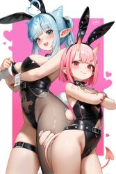 Rule 34 | 2girls, ahoge, animal ear hairband, animal ears, artist name, bandaid, bandaid on arm, belt, black belt, black leotard, black pantyhose, black ribbon, blue eyes, blue hair, blush, border, borrowed character, breasts, chain, closed mouth, clothing cutout, collar, commentary, commission, cone hair bun, corrupted twitter file, covered navel, cowboy shot, cross, cross-shaped pupils, crossed arms, cutout above navel, demon girl, demon horns, demon tail, double bun, ear chain, earrings, english commentary, fake animal ears, fake tail, fang, hair bun, hair ornament, hair ribbon, hairband, hairclip, heart, heart ahoge, heart cutout, height difference, highleg, highleg leotard, highres, horns, indie virtual youtuber, inverted cross, jewelry, large breasts, leotard, linked piercing, long pointy ears, looking at viewer, multiple girls, navel cutout, open mouth, original, outside border, pantyhose, piercing, pink background, pink eyes, pink hair, playboy bunny, pointy ears, ponytail, rabbit ear hairband, rabbit ears, rabbit tail, raised eyebrow, regiana (jubi), ribbon, second-party source, short hair, single leg pantyhose, skin fang, skindentation, smile, spiked belt, spiked collar, spikes, standing, star (symbol), strapless, strapless leotard, stud earrings, symbol-shaped pupils, tail, thigh belt, thigh strap, torn clothes, torn pantyhose, virtual youtuber, white border, white wrist cuffs, wrist cuffs, x hair ornament