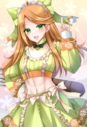 1girl abs blush bow breasts crop_top etie_(fire_emblem) fire_emblem fire_emblem_engage green_bow green_eyes green_shirt green_skirt hair_bow highres long_hair long_sleeves looking_at_viewer midriff navel nintendo open_mouth orange_hair shirt skirt smile solo