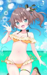 1girl ahoge bikini black_sandals blue_eyes blue_sky breasts brown_hair bubble cleavage cloud commentary_request frilled_bikini frills highres hiiragisensei hololive natsuiro_matsuri natsuiro_matsuri_(hololive_summer_2019) navel official_alternate_costume one_side_up open_mouth orange_bikini sandals sky small_breasts smile solo swimsuit virtual_youtuber water
