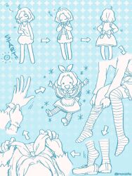 1girl ahoge arms_up arrow_(symbol) bloomers blue_background blue_theme bow_hairband capelet classicaloid commentary_request dress dressing frilled_capelet frills gloves hairband monochrome moroi_(moroiohs) navel open_mouth putting_on_footwear putting_on_gloves putting_on_legwear pyotr_illyich_tchaikovsky_(classicaloid) short_hair sleepy striped_clothes striped_thighhighs thighhighs underwear zzz