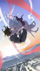 Rule 34 | 1boy, 1girl, black kimono, blue sky, daki (kimetsu no yaiba), full body, green hair, green nails, grin, gyuutarou (kimetsu no yaiba), highres, japanese clothes, kimetsu no yaiba, kimono, long hair, nail polish, nanami-4614, open mouth, outdoors, pink kimono, siblings, sky, smile, sun, sunset, teeth, toenail polish, toenails, wavy hair, white hair