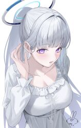 1girl adjusting_hair awa_(awao141) blue_archive blush breasts cleavage commentary_request frilled_pajamas frills greyscale hair_intakes halo highres large_breasts long_hair long_sleeves looking_at_viewer mechanical_halo monochrome noa_(blue_archive) noa_(pajamas)_(blue_archive) official_alternate_costume official_alternate_hairstyle open_mouth pajamas ponytail puffy_long_sleeves puffy_sleeves purple_eyes signature simple_background sleepwear solo very_long_hair white_background white_halo white_pajamas
