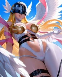 1girl angel angel_girl angel_wings angewomon artist_name asymmetrical_clothes asymmetrical_legwear bare_shoulders blonde_hair breasts collarbone covered_eyes digimon digimon_(creature) digimon_adventure elbow_gloves feathered_wings female_focus gloves head_wings helmet helmet_over_eyes highres lips long_hair medium_breasts multiple_wings pink_shawl shawl shiny_skin thigh_strap wings wrist_wings wuoarf