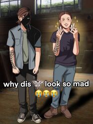 2girls absurdres arm_tattoo black_pants black_shirt black_shoes blue_pants blue_shirt boots brown_boots brown_hair commentary crying_emoji ellie_(the_last_of_us) emoji english_commentary english_text full_body green_shirt highres holding holding_pregnancy_test layered_shirt meme multiple_girls oililylou open_clothes open_shirt pants pregnancy_test shaded_face shirt shoes short_hair short_sleeves smile sparkle tattoo the_last_of_us_(series) why_dis_ninja_look_so_mad_(meme)