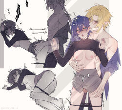 1boy 1girl abs absurdres aftersex against_glass against_wall artist_name ass barefoot belle_(zenless_zone_zero) belly black_panties black_pants black_shirt blonde_hair blue_hair bouncing_breasts breasts ccxvi_201116 closed_eyes clothed_sex clothes_lift commentary crossed_bangs cum cum_in_ass ear_licking english_commentary green_eyes grey_skirt hair_between_eyes hands_on_another&#039;s_hips heavy_breathing highres hugo_vlad licking long_sleeves lying medium_breasts moaning multiple_tails nipples open_mouth panties pants purple_shirt pussy_juice red_eyes sex sex_from_behind shirt simple_background skirt stomach tail twitching twitter_username underwear white_background zenless_zone_zero