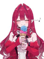 1girl baobhan_sith_(fate) baobhan_sith_(first_ascension)_(fate) blush breasts closed_eyes closed_mouth detached_sleeves dress facing_viewer fate/grand_order fate_(series) food frilled_dress frills highres holding holding_food holding_ice_cream humming ice_cream long_hair niwaikanai pink_hair pointy_ears red_dress smile solo upper_body white_background