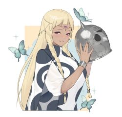 Rule 34 | 1girl, blonde hair, blue butterfly, blush, bokk 10, braid, bug, butterfly, closed mouth, commentary, dark-skinned female, dark skin, eupha (metaphor: refantazio), fingernails, half-closed eyes, helmet, highres, insect, long hair, looking at viewer, metaphor: refantazio, pink nails, poncho, purple eyes, simple background, smile, third eye, twin braids, unworn headwear, unworn helmet