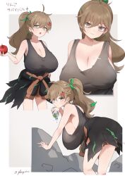 Rule 34 | 1girl, apple, apple hair ornament, black shirt, black skirt, bottle, breasts, brown eyes, brown hair, cleavage, clothes around waist, food, food-themed hair ornament, fruit, glassy0302, grey background, hair ornament, hair tie, holding, holding bottle, holding food, huge breasts, jacket, jacket around waist, kuraishi ringo (glassy0302), leaf hair ornament, leaning forward, long hair, multiple views, open mouth, original, plastic bottle, ponytail, shirt, sideboob, skirt, solo, standing, tank top, torn clothes, torn shirt, water bottle