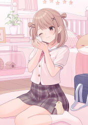 1girl ;) animal bed bob_cut book bow bowtie brown_eyes closed_mouth collared_shirt commentary_request full_body grey_skirt hair_ornament hairclip hamster holding holding_animal indoors light_blush light_brown_hair miniskirt no_shoes on_floor one_eye_closed original pillow pink_bow pink_bowtie plaid_clothes plaid_skirt plant pleated_skirt potted_plant rug school_uniform second-party_source serafuku shiromikan shirt short_hair short_sleeves sitting skirt smile socks solo star_(symbol) swept_bangs variant_set wariza white_shirt white_socks x_hair_ornament