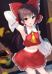 1girl absurdres arm_up armpits ascot breasts collarbone cup detached_sleeves hakurei_reimu highres light_blush looking_at_viewer midriff navel ochinsama open_mouth sideboob sitting tagme teacup touhou wood_floor