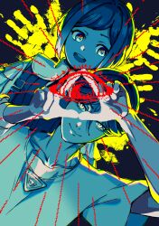 1boy 1girl :d backlighting blue_theme chromatic_aberration collared_shirt commentary_request disembodied_eye frilled_shirt frilled_sleeves frills fukurai_azami handprint hands_up highres limited_palette long_sleeves looking_at_another looking_at_viewer meguriya_ayumu mkr_(wepn3428) open_mouth own_hands_together shirt short_hair short_sleeves smile toshi_densetsu_kaitai_center triangle_hands triangle_necklace upper_body