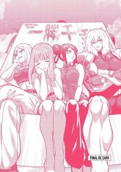 4girls :o angry black_pants black_shirt black_skirt blonde_hair chinese_clothes closed_eyes crossed_legs hand_on_chin hands_up happy highres hongou_hina isshou_senkin long_hair looking_at_another looking_at_viewer medium_hair multiple_girls muscular muscular_female navel official_art open_mouth pants pink_hair purple_eyes red_shirt scar scar_across_eye scar_on_face school_uniform sena_riko_(isshou_senkin) sena_riku_(isshou_senkin) shirt siblings sisters sitting skirt smile very_long_hair white_pants white_shirt yuzuha_lee