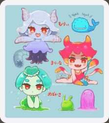 3girls aged_down animal baby blue_background blue_dress blue_skin blush_stickers border colored_skin dress evil_smile expressionless fangs gradient_hair green_headwear green_skin hat highres holding humphrey_(omori) ippaiotabe_mkw marina_(omori) medusa_(omori) molly_(omori) monster_girl mouse_(animal) multicolored_hair multiple_girls multiple_legs omori open_mouth orange_eyes outstretched_arms rabbit red_eyes red_skin shaded_face short_hair skin_fangs slime_(substance) slime_girl smile spread_arms streaked_hair tentacle_hair tentacle_hands tentacles twitter_username wavy_mouth whale white_border
