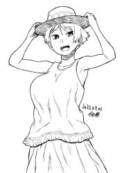 Rule 34 | 1girl, :d, armpits, arms up, bare shoulders, black eyes, breasts, collarbone, dated, hat, holding, large breasts, long sidelocks, looking at viewer, open mouth, original, shirt, short hair, sidelocks, signature, simple background, skirt, smile, tongue, tsukudani (coke-buta), tsurime-chan, very short hair, white background