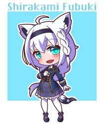 1girl :d absurdres ahoge animal_ear_fluff animal_ears black_hairband black_shoes blue_background blue_bow blue_flower blue_jacket blue_rose bow braid character_name chibi collared_shirt commentary_request flower fox_ears fox_girl fox_tail frilled_skirt frills full_body gloves grey_hair grey_skirt hairband highres hololive jacket long_hair long_sleeves open_clothes open_jacket open_mouth outline pantyhose rose saishosaisekojo shirakami_fubuki shirakami_fubuki_(aristocrat_kei) shirt shoes skirt smile solo standing tail very_long_hair virtual_youtuber white_gloves white_outline white_pantyhose white_shirt