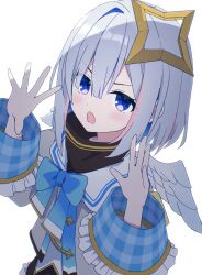 1girl amane_kanata amane_kanata_(1st_costume) angel angel_wings black_dress blue_hair blush dress grey_hair halo highres hololive jacket kaie looking_at_viewer multicolored_hair open_mouth pink_hair purple_eyes short_hair star_halo streaked_hair virtual_youtuber white_background white_jacket wings