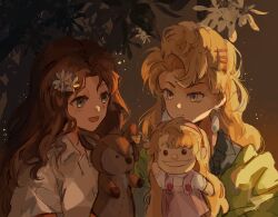 Rule 34 | 2girls, :d, animal puppet, anne (reverse:1999), blonde hair, blonney, blue jacket, brown background, brown hair, earrings, flower, gezi baotang, green eyes, hair flower, hair ornament, hand puppet, highres, jacket, jewelry, leaf, long hair, looking at another, multiple girls, open mouth, puppet, purple eyes, reverse:1999, shirt, sidelighting, smile, white flower, white shirt