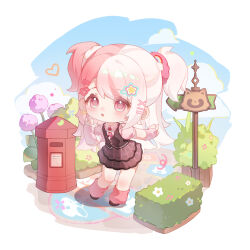 1girl absurdres arrow_(symbol) bead_necklace beads bibcoon black_shoes black_vest blue_sky border bush chalk_drawing chibi chinese_commentary cloud collared_shirt commentary_request day earrings eyelashes flower grey_skirt hair_ornament hair_scrunchie hairclip hand_up heart heart_hair_ornament high-waist_skirt highres hopscotch infinity_nikki jewelry leg_warmers light_blush long_hair looking_ahead mailbox_(incoming_mail) miniskirt multicolored_hair necklace necktie nikki_(series) open_mouth outdoors pink_arm_warmers pink_eyes pink_flower pink_hair pink_leg_warmers pink_scrunchie plaid_clothes plaid_skirt raccoon rainbow_hair_ornament red_necktie ribbon ribbon_earrings rosie_sweetheart_(infinity_nikki) scarf scrunchie shirt shoes sign single_earring skirt sky solo standing star_(symbol) star_hair_ornament swept_bangs tareme tie_clip two-tone_hair two_side_up very_long_hair vest white_border white_scarf white_shirt x_hair_ornament y2k_fashion yellow_ribbon you_yi_zhi_dawan