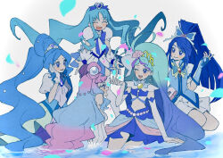 5girls aqua_hair arm_warmers ascot blue_bow blue_bowtie blue_hair blue_skirt blue_vest bow bowtie bridal_gauntlets brooch butterfly_hair_ornament crop_top cure_aqua cure_fontaine cure_la_mer cure_marine cure_mermaid detached_sleeves floating_hair flower flower_brooch gloves go!_princess_precure gradient_hair hair_ornament healin&#039;_good_precure heart heart_brooch heartcatch_precure! high_ponytail highres in-franchise_crossover jewelry kaidou_minami kurumi_erika laura_la_mer long_hair magical_girl midriff minazuki_karen miniskirt multicolored_hair multiple_girls navel partially_submerged pearl_hair_ornament petals pink_hair ponytail precure puffy_short_sleeves puffy_sleeves purple_hair rose sawaizumi_chiyu shirako_love shirt short_sleeves simple_background skirt sleeveless smile thighhighs tropical-rouge!_precure twintails two_side_up very_long_hair vest water white_ascot white_background white_gloves white_shirt white_skirt white_thighhighs white_wrist_cuffs wrist_cuffs yes!_precure_5