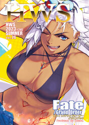 1girl artist_name azusa_(hws) bikini black_bikini blue_eyes blue_shorts breasts caenis_(fate) caenis_(swimsuit_rider)_(fate) caenis_(swimsuit_rider)_(third_ascension)_(fate) chest_tattoo comiket_102 commentary_request copyright_name dark-skinned_female dark_skin eyewear_on_head fate/grand_order fate_(series) highres large_breasts looking_at_viewer navel one_eye_closed open_mouth ponytail shorts smile solo stomach_tattoo swimsuit tattoo teeth white_hair