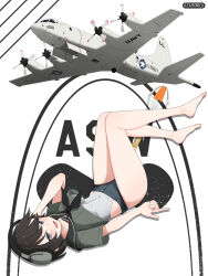 1girl aircraft airplane artist_name atamonica barefoot black_hair black_neckerchief black_sailor_collar black_shorts blush breasts commentary covered_navel cropped_shirt english_commentary full_body grey_background grey_eyes grey_leotard grey_shirt hand_up headphones highres impossible_clothes impossible_leotard large_breasts legs legs_up leotard lower_teeth_only lying military_vehicle neckerchief on_back open_mouth original p-3_orion personification propeller sailor_collar shirt shorts solo teeth thighs united_states_navy vehicle_and_personification