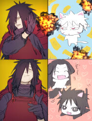 Rule 34 | 4boys, animal ears, black eyes, black hair, cat ears, cat tail, chibi, closed eyes, dog ears, dog tail, drakeposting (meme), explosion, gurekoguriko, highres, long hair, male focus, meme, multiple boys, naruto (classic), naruto (series), naruto shippuuden, red eyes, senju hashirama, senju tobirama, short hair, smile, spiked hair, tail, uchiha izuna, uchiha madara
