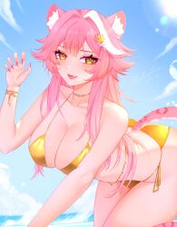 1girl absurdres animal_ears bare_shoulders bent_over bikini blush breasts claw_pose cleavage cloud cloudy_sky collarbone commentary day english_commentary fang fingernails flower hair_flower hair_intakes hair_ornament highres hololive hololive_english jewelry large_breasts long_hair looking_at_viewer multicolored_hair nail_polish necklace ocean open_mouth panther_ears panther_girl panther_tail pink_hair pink_nails raora_panthera side-tie_bikini_bottom sky smile solo streaked_hair sunlight swimsuit tail thighs tongue two-tone_hair virtual_youtuber white_hair woudpe wristband yellow_bikini yellow_eyes