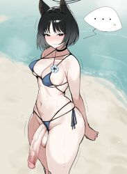 ... 1girl absurdres animal_ear_fluff animal_ears bikini bikini_bottom_aside black_eyes black_hair black_halo blue_archive blue_bikini blush breasts cat_ears closed_mouth clothing_aside cowboy_shot flaccid futanari halo highres kikyou_(blue_archive) large_penis large_testicles looking_at_viewer medium_breasts navel penis short_hair side-tie_bikini_bottom skindentation solo spoken_ellipsis swimsuit testicles uncensored veins veiny_penis xipa