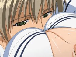 00s animated animated_gif breast_smother breasts cleavage grey_hair large_breasts mizushima_asa saisho_hajime sora_no_iro_mizu_no_iro sweat