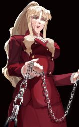 Rule 34 | 1girl, absurdres, balalaika (black lagoon), black lagoon, blomo217, breasts, chain, chain leash, formal clothes, highres, holding, holding leash, kasciuszka, large breasts, leash, looking at viewer, looking down, ponytail, pov, red suit, scar, scar on face, solo, suit, viewer on leash