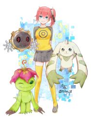 Rule 34 | 1girl, aiba ami, black shirt, black skirt, blue eyes, body fur, colored skin, digimon, digimon story: cyber sleuth, full body, gears, green fur, green skin, group picture, hagurumon, highres, horns, long hair, looking at viewer, miniskirt, palmon, pleated skirt, print shirt, red hair, rikka (tcbn 18), shirt, side ponytail, simple background, single horn, skirt, smile, terriermon, two-tone shirt, white background, yellow shirt