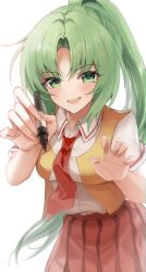 Rule 34 | 1girl, absurdres, blush, breasts, claw pose, collared shirt, commentary request, cowboy shot, curtained hair, fingernails, green eyes, green hair, high ponytail, highres, higurashi no naku koro ni, holding, holding marker, large breasts, long fingernails, long hair, looking at viewer, marker, necktie, nyako (x nyako x), open clothes, open mouth, open vest, pleated skirt, ponytail, red necktie, red skirt, shirt, shirt tucked in, short sleeves, simple background, skirt, smile, solo, sonozaki mion, standing, teeth, upper teeth only, very long hair, vest, white background, white shirt, yellow vest