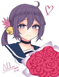 Rule 34 | 1girl, ahoge, akebono (kancolle), akebono kai ni (kancolle), black choker, blue sailor collar, bouquet, character name, choker, commentary request, dated, flower, heart, highres, kantai collection, nagi kantai114, one-hour drawing challenge, purple eyes, purple hair, sailor collar, school uniform, serafuku, side ponytail, simple background, solo, upper body, white background