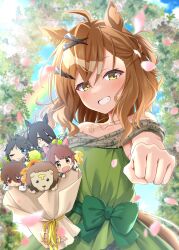 absurdres agnes_tachyon_(umamusume) animal_ears black_hair blush bouquet brown_hair character_request clenched_hand closed_mouth dress flower gold_necklace green_dress grin hair_over_one_eye highres holding holding_bouquet horse_ears horse_girl jewelry jungle_pocket_(umamusume) long_bangs long_hair looking_at_viewer manhattan_cafe_(umamusume) necklace parted_bangs red_eyes ryochapu sidelocks smile umamusume very_long_hair yellow_eyes