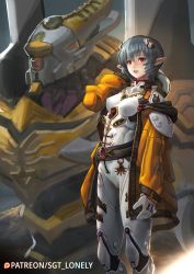 1girl armor ayanami_rei ayanami_rei_(cosplay) belt blue_hair bodysuit boobplate breastplate breasts commentary cosplay eldar elf english_commentary eva_00 highres interface_headset_(evangelion) jacket mecha mecha_pilot_suit neon_genesis_evangelion off-shoulder_jacket off_shoulder orange_jacket plugsuit_(evangelion) pointy_ears power_armor red_eyes robot sgt_lonely short_hair size_difference small_breasts solo_focus warhammer_40k white_bodysuit