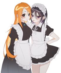 2girls absurdres alternate_costume apron black_dress black_eyes black_hair bleach blush bow breasts buttons closed_mouth collared_dress cowboy_shot dress enmaided film_grain frilled_apron frilled_dress frilled_hairband frills g0mmc hair_between_eyes hair_ribbon hairband highres inoue_orihime juliet_sleeves korean_commentary kuchiki_rukia long_hair long_sleeves looking_at_viewer maid maid_apron maid_day multiple_girls neck_ribbon orange_hair puffy_short_sleeves puffy_sleeves purple_eyes ribbon short_dress short_hair short_sleeves smile tongue tongue_out very_long_hair white_apron white_background white_bow white_ribbon