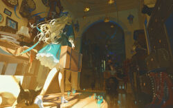 1girl absurdres arch black_cat blonde_hair blue_bow blue_dress bow cabinet cat clock commentary desk dress english_commentary from_below gejiandenghuo hair_bow high_heels highres holding holding_suitcase indoors lamp long_hair original picture_frame solo suitcase walking wooden_floor
