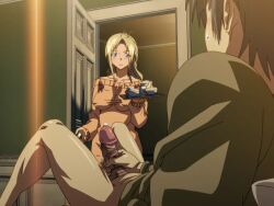 1boy 1girl 2010s 2011 age_difference blonde_hair blue_eyes breasts caught_masturbating covered_erect_nipples game_cg jellyfish_(company) kamimura_akiko keisuke_(sisters) kouzaka_kouhei large_breasts older_woman_and_younger_man opening opening_door penis premature_ejaculation sisters_~natsu_no_saigo_no_hi~ stepmother_and_stepson taki_minashika uncensored