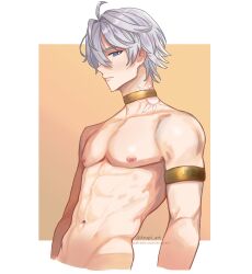 1boy abs arupi_art blue_eyes body_markings gold_armlet gold_choker grey_hair hair_between_eyes highres honkai:_star_rail honkai_(series) male_focus phainon_(honkai:_star_rail) solo toned toned_male topless_male two-tone_background white_background yellow_background