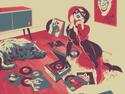 1girl arm_support batman:_the_animated_series batman_(series) blue_eyes blush bodysuit breasts bud_and_lou dc_comics domino_mask english_text female_focus fish grin harley_quinn hyena indoors lips mask matt_taylor medium_breasts open_mouth parted_lips phonograph poster_(object) red_eyes rug sitting smile solo the_joker vinyl_record wooden_floor