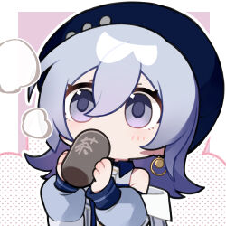 Rule 34 | ..., 1girl, artist request, beret, black hat, chibi, chibi only, chinese commentary, chinese text, cup, drinking, earrings, girls&#039; frontline, girls&#039; frontline neural cloud, grey hair, hat, highres, holding, holding cup, horizon (neural cloud), jacket, jewelry, official art, second-party source, solo, steam, tea, white jacket