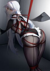 ass bdsm black_pantyhose bondage bound heart heart-shaped_pupils highres jijing_zishui long_hair looking_at_viewer official_alternate_costume pantyhose restrained rope shibari symbol-shaped_pupils thighs white_hair yixuan_(trails_of_ink)_(zenless_zone_zero) yixuan_(zenless_zone_zero) zenless_zone_zero