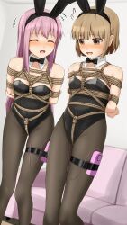 Rule 34 | 2girls, arms behind back, bare shoulders, bdsm, black leotard, black pantyhose, bondage, bound, bound arms, bound torso, box tie, breasts, brown eyes, closed eyes, couch, covered navel, crotch rope, detached collar, egg vibrator, feet out of frame, female focus, femuto, forced orgasm, gluteal fold, highres, indoors, leotard, multiple girls, open mouth, original, pantyhose, pink hair, playboy bunny, rabbit ears, remote control vibrator, sex toy, shibari, shibari over clothes, skindentation, small breasts, standing, strapless, strapless leotard, tagme, thigh strap, vibrator, vibrator in thigh strap, vibrator under clothes