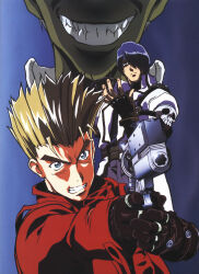 3boys absurdres aiming belt_around_waist blonde_hair blue_eyes blue_hair coat earrings evil_smile fingerless_gloves gloves gun hair_over_one_eye handgun highres jewelry legato_bluesummers madhouse millions_knives mole mole_under_eye multiple_boys official_art prosthesis prosthetic_arm red_coat revolver shirt short_hair shoulder_spikes single_earring skull_ornament smile spiked_hair spikes trigun turtleneck turtleneck_shirt vash_the_stampede weapon white_coat yellow_eyes yoshimatsu_takahiro