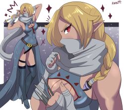 1girl 2023 artist_name bad_tag blonde_hair dark-skinned_female dark_skin female female_focus highres karbuitt long_hair looking_at_viewer nintendo pointy_ears red_eyes sheik sheikah solo sparkle the_legend_of_zelda the_legend_of_zelda:_ocarina_of_time