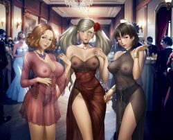 atlus black_dress black_panties blonde_hair blue_eyes breasts brown_eyes brown_hair choker dress earrings formal_clothes highres jewelry large_breasts lingerie long_hair looking_at_viewer mask masquerade_mask medium_breasts megami_tensei multiple_boys multiple_girls navel necklace niijima_makoto nipples no_bra okumura_haru panties party persona persona_5 pink_dress public_indecency purple_panties red_dress red_eyes revision rondeu see-through_clothes see-through_dress short_hair side_slit standing takamaki_anne twintails two-tone_dress underwear white_dress