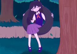 Rule 34 | 1girl, absurdres, alternate color, blush, closed eyes, closed mouth, collared shirt, colored skin, double-parted bangs, highres, kireso majide, kneehighs, long hair, mari (headspace) (omori), mari (omori), neckerchief, omori, outdoors, purple hair, purple shoes, purple skirt, purple sweater vest, red neckerchief, rope, shirt, shoes, short sleeves, sitting, skirt, smile, socks, solo, sweater vest, tire swing, tree, white shirt, white skin, white socks