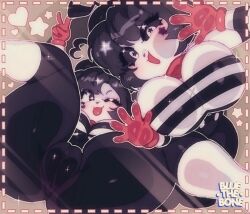 1980s_(style) 2girls :3 against_glass ahoge beret black_eyes black_hair black_hat black_pants black_sclera bluethebone blush bonbon_(derpixon) breasts cameltoe chuchu_(derpixon) colored_sclera colored_skin facial_mark gloves grey_background hat heart heart-shaped_pupils heart_facial_mark heart_on_cheek invisible_wall large_breasts long_sleeves looking_at_viewer lying mime mime_and_dash multiple_girls oldschool one_eye_closed open_mouth pants raised_eyebrow red_gloves retro_artstyle shirt short_hair siblings sisters smile sparkle spread_legs star-shaped_pupils star_(symbol) star_facial_mark star_on_cheek striped_clothes striped_shirt symbol-shaped_pupils tongue tongue_out v white_eyes white_shirt white_skin wink